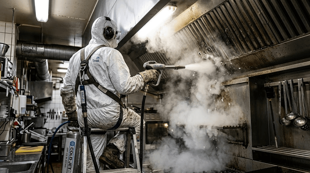 Technicien Propreté Khem en intervention de nettoyage cryogénique CO₂ sur hotte de cuisine professionnelle (illustration)