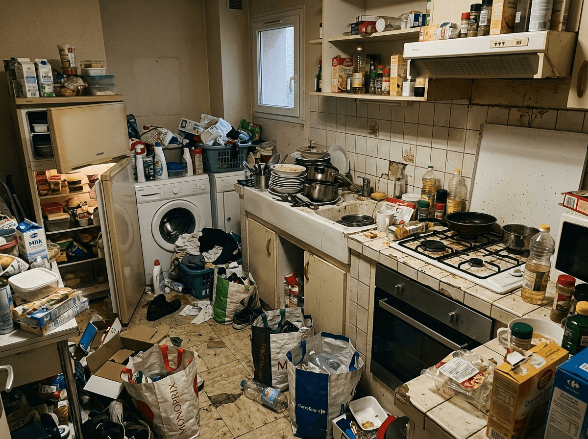 Avant — cuisine encombrée par une accumulation Diogène : déchets, vaisselle, graisses (illustration)