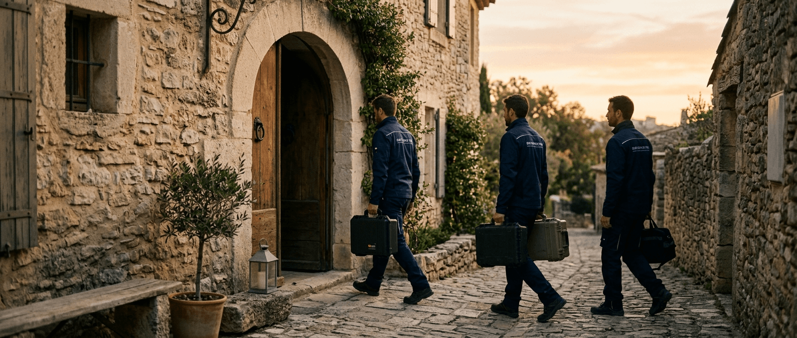Équipe Propreté Khem en arrivée d'intervention dans un village provençal — 3 techniciens en uniforme avec mallettes de matériel professionnel