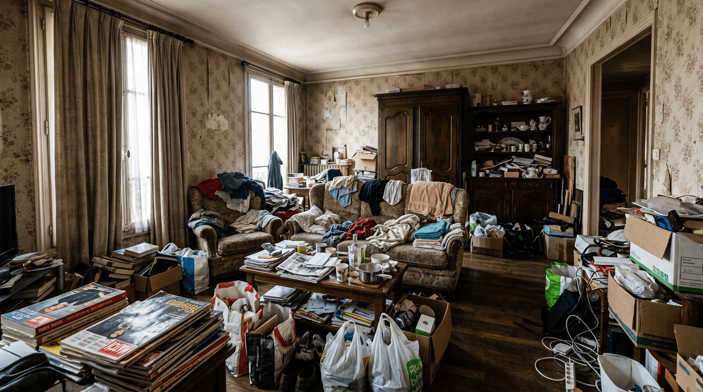 Nettoyage extrême d'un appartement après syndrome de Diogène — tri, débarras, désinfection complète