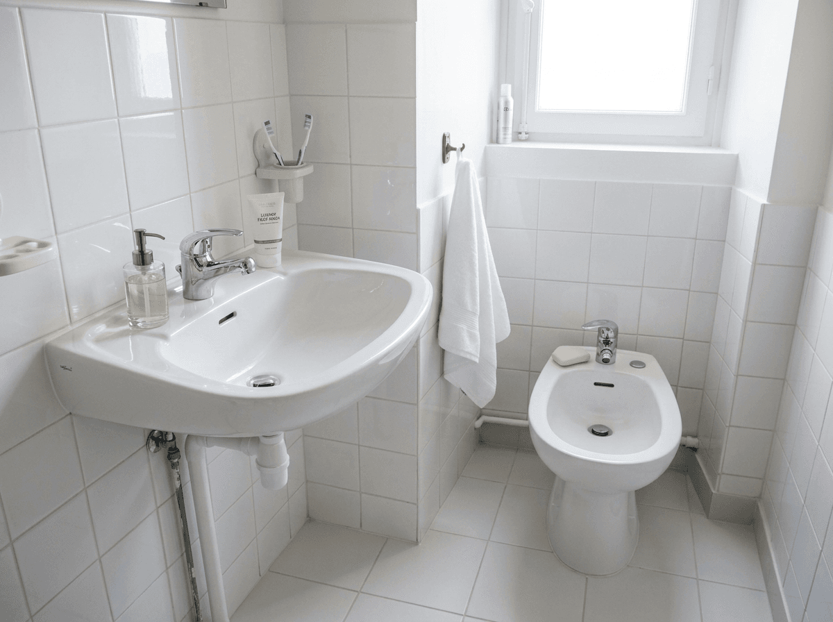 Après — baignoire et bidet détartrés, faïence nettoyée, pièce assainie (illustration)