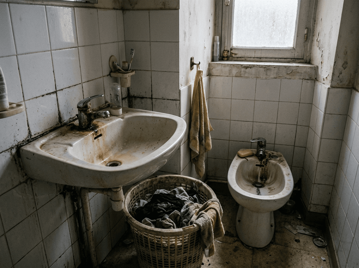 Avant — salle de bain insalubre : tartre incrusté, faïence noircie, sanitaires souillés (illustration)