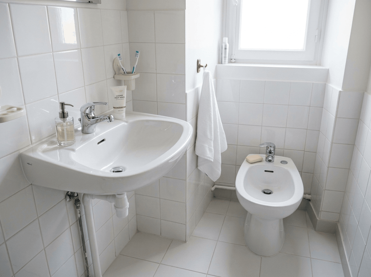 Après — baignoire et bidet détartrés, faïence nettoyée, pièce assainie (illustration)